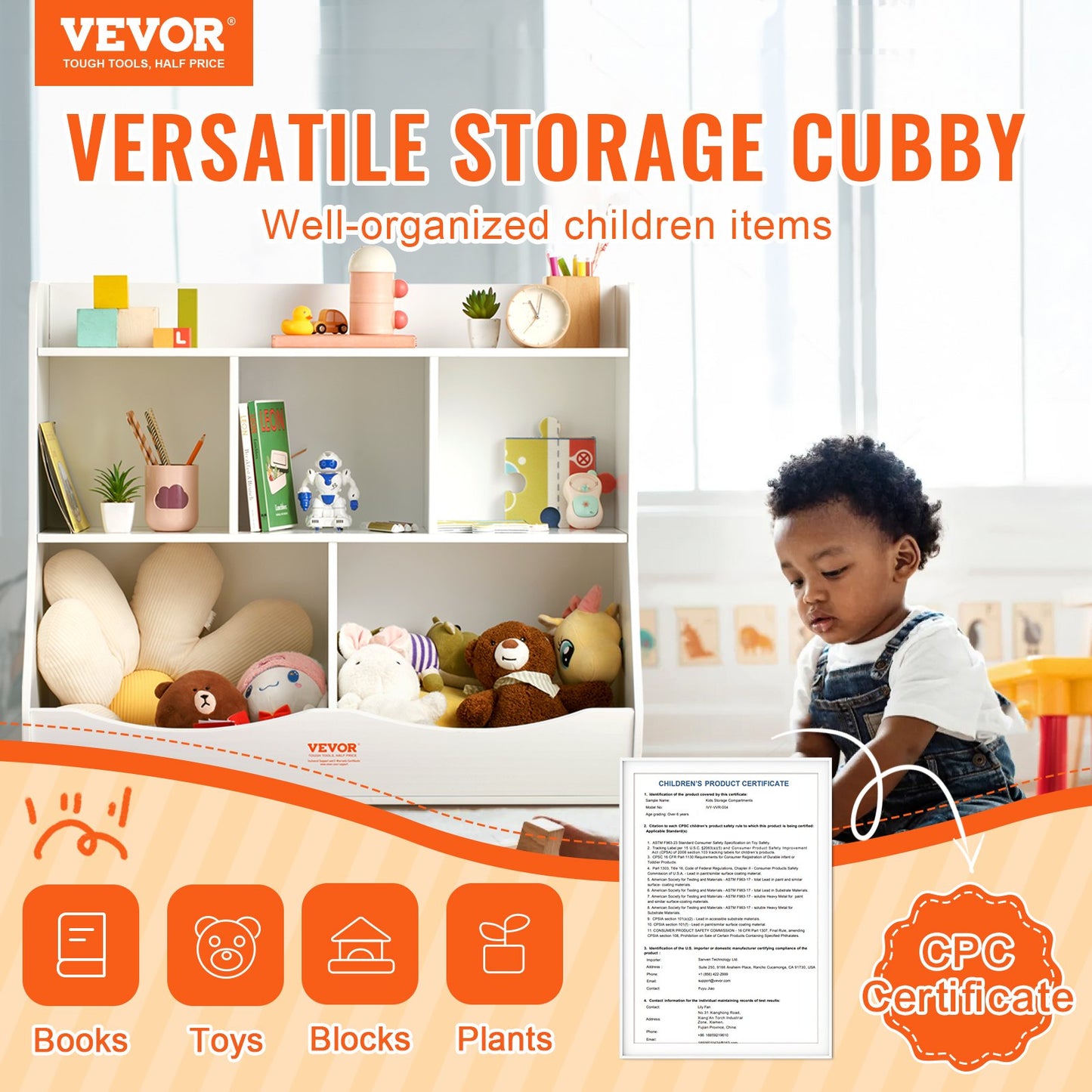 VEVOR Wood Kid Storage Cubby, Toy Storage Organizer with Bookshelf, 5-Cubby Wood