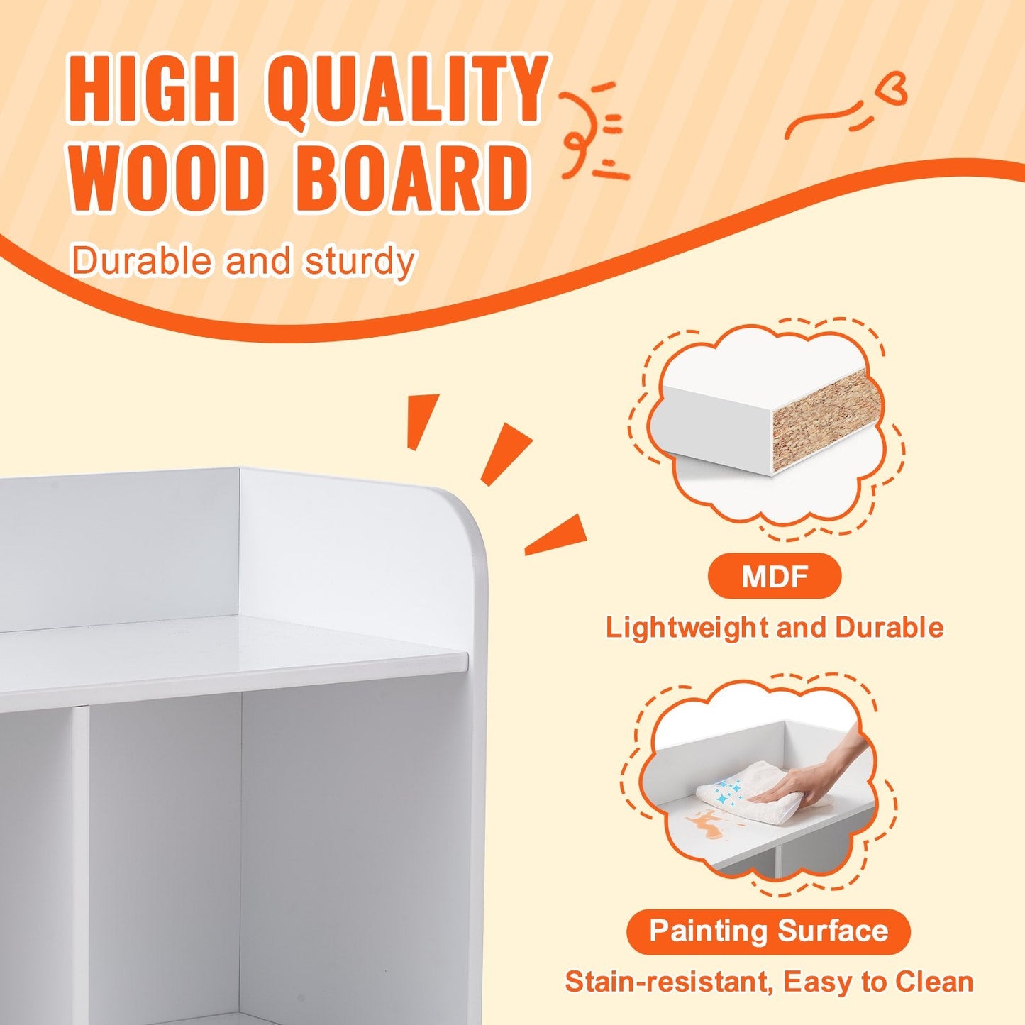 Children's Wooden Storage Cabinet with Bookshelf, 5-Cubby, 0.89x0.4x0.76m, White