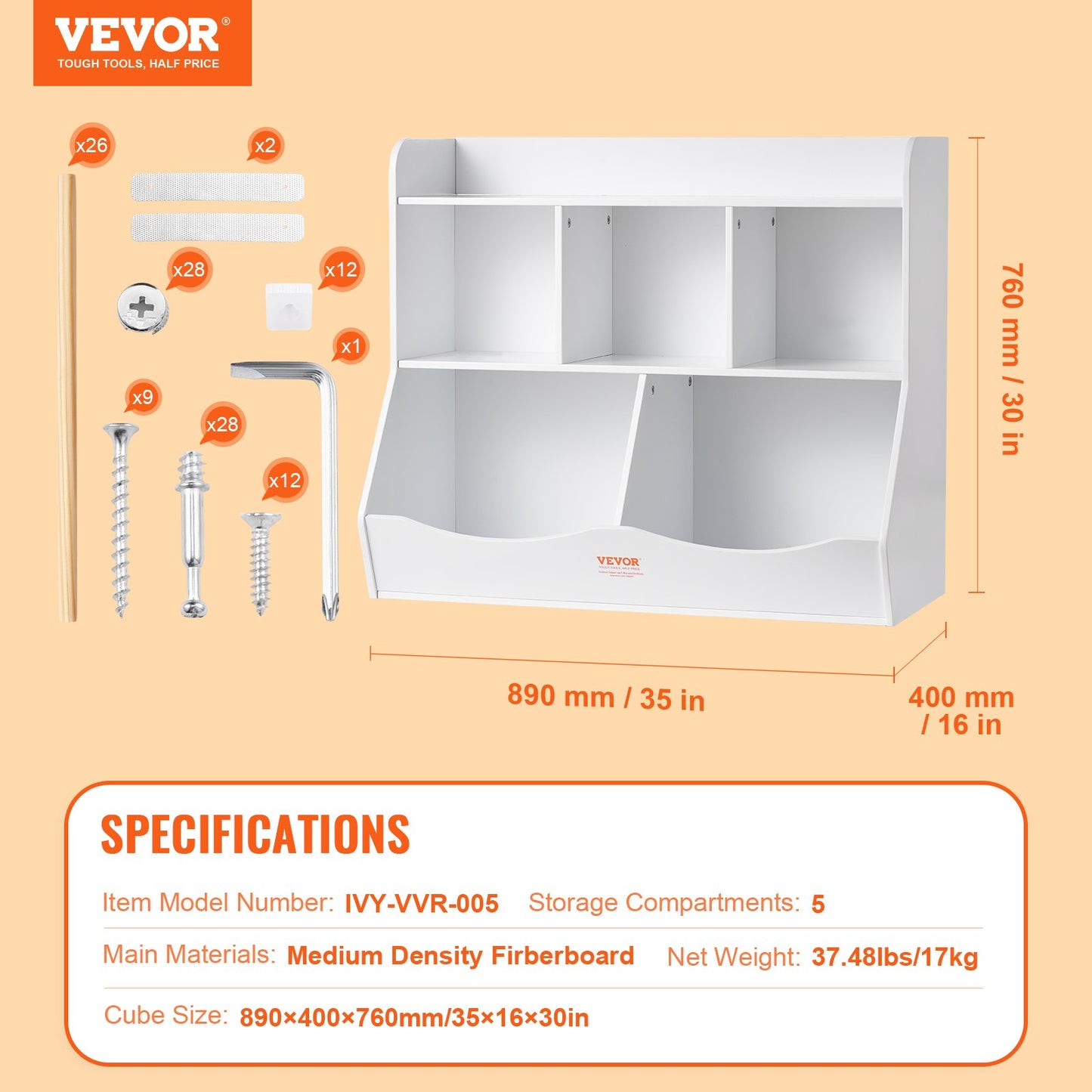 VEVOR Wood Kid Storage Cubby, Toy Storage Organizer with Bookshelf, 5-Cubby Wood