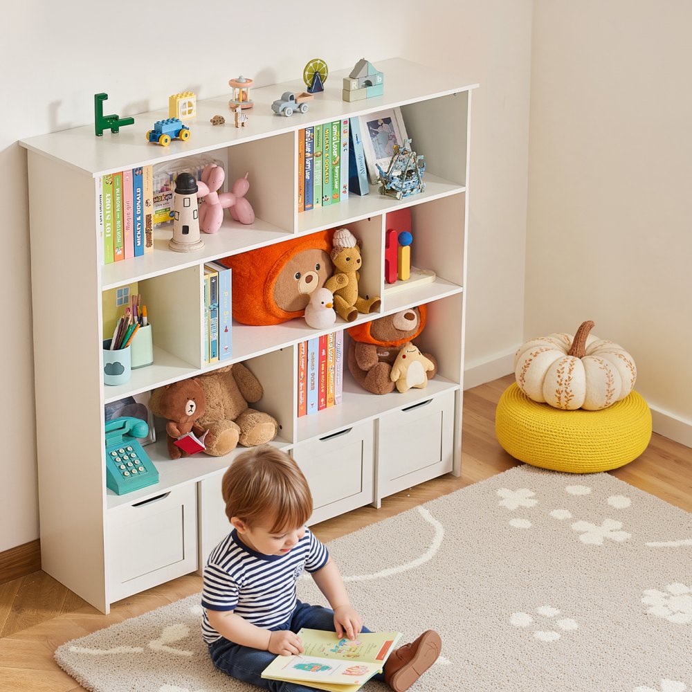 Toy Storage Organizer 3-Tier Wooden Cabinet 11 Section Cubbies with Drawer