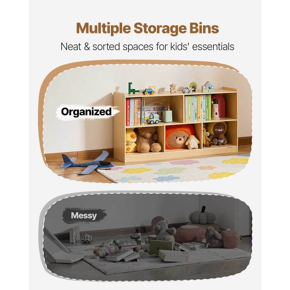Toy Storage Organizer 2-Tier Cabinet 5 Section Cubbies Home School Brown