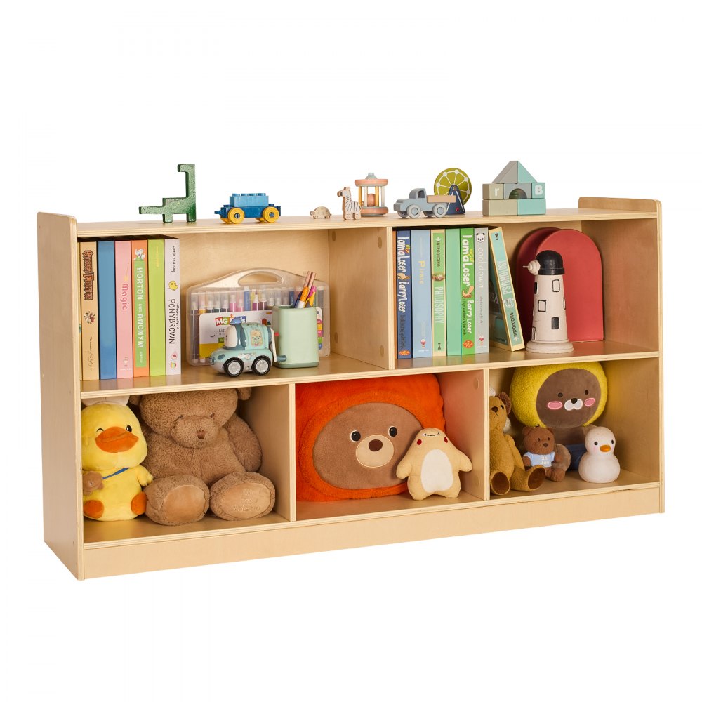 Toy Storage Organizer 2-Tier Cabinet 5 Section Cubbies Home School Brown