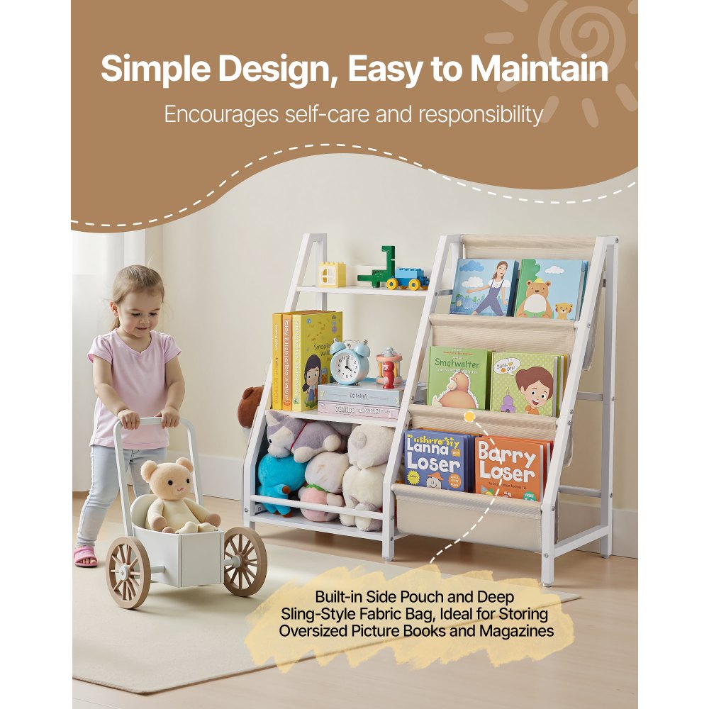 Toy Storage Organizer Bookshelf 7 Section Cubbies Sling Fabric Bag White