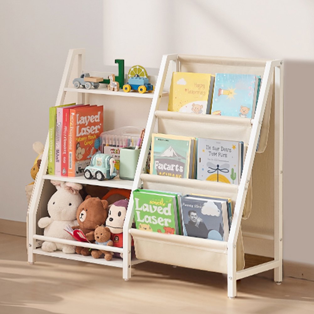 Toy Storage Organizer Bookshelf 7 Section Cubbies Sling Fabric Bag White