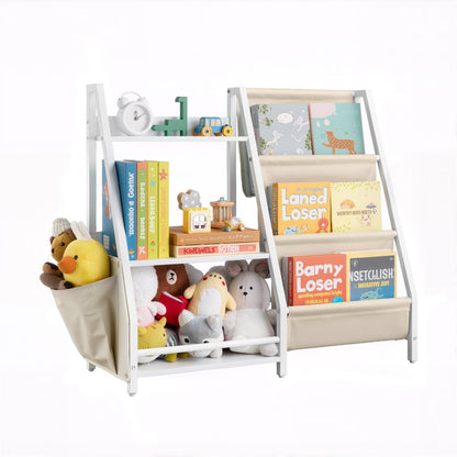 Toy Storage Organizer Bookshelf 7 Section Cubbies Sling Fabric Bag White