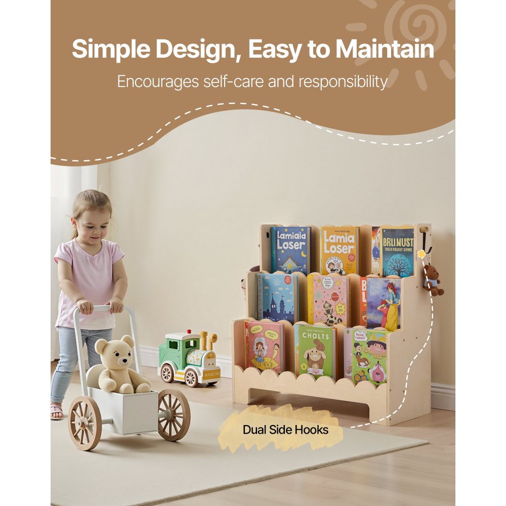 Kids Bookshelf 3-Tier Scalloped Wooden Front Facing Montessori Bookcase