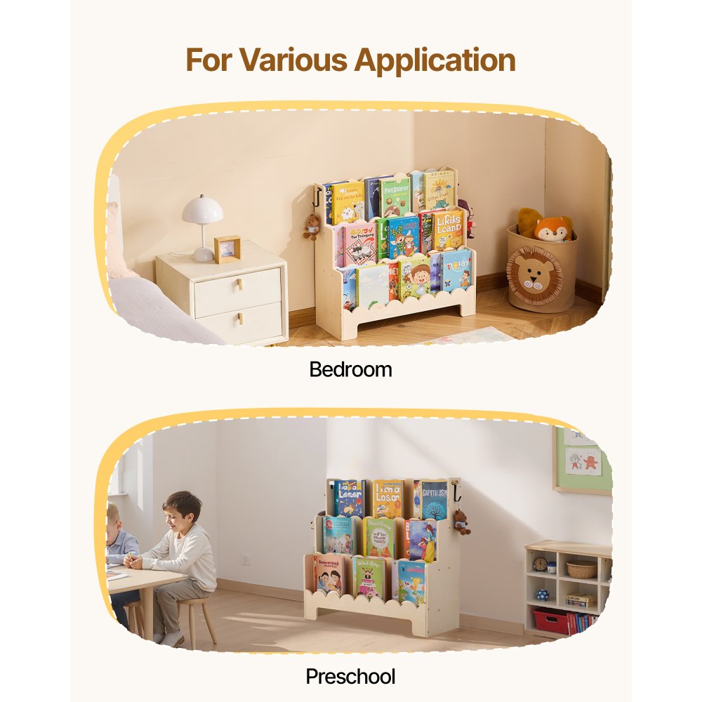 Kids Bookshelf 3-Tier Scalloped Wooden Front Facing Montessori Bookcase