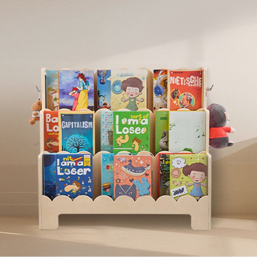 Kids Bookshelf 3-Tier Scalloped Wooden Front Facing Montessori Bookcase