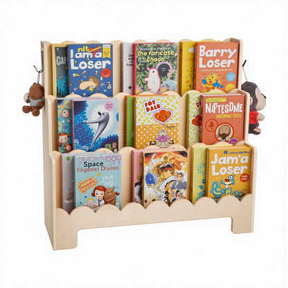 Kids Bookshelf 3-Tier Scalloped Wooden Front Facing Montessori Bookcase