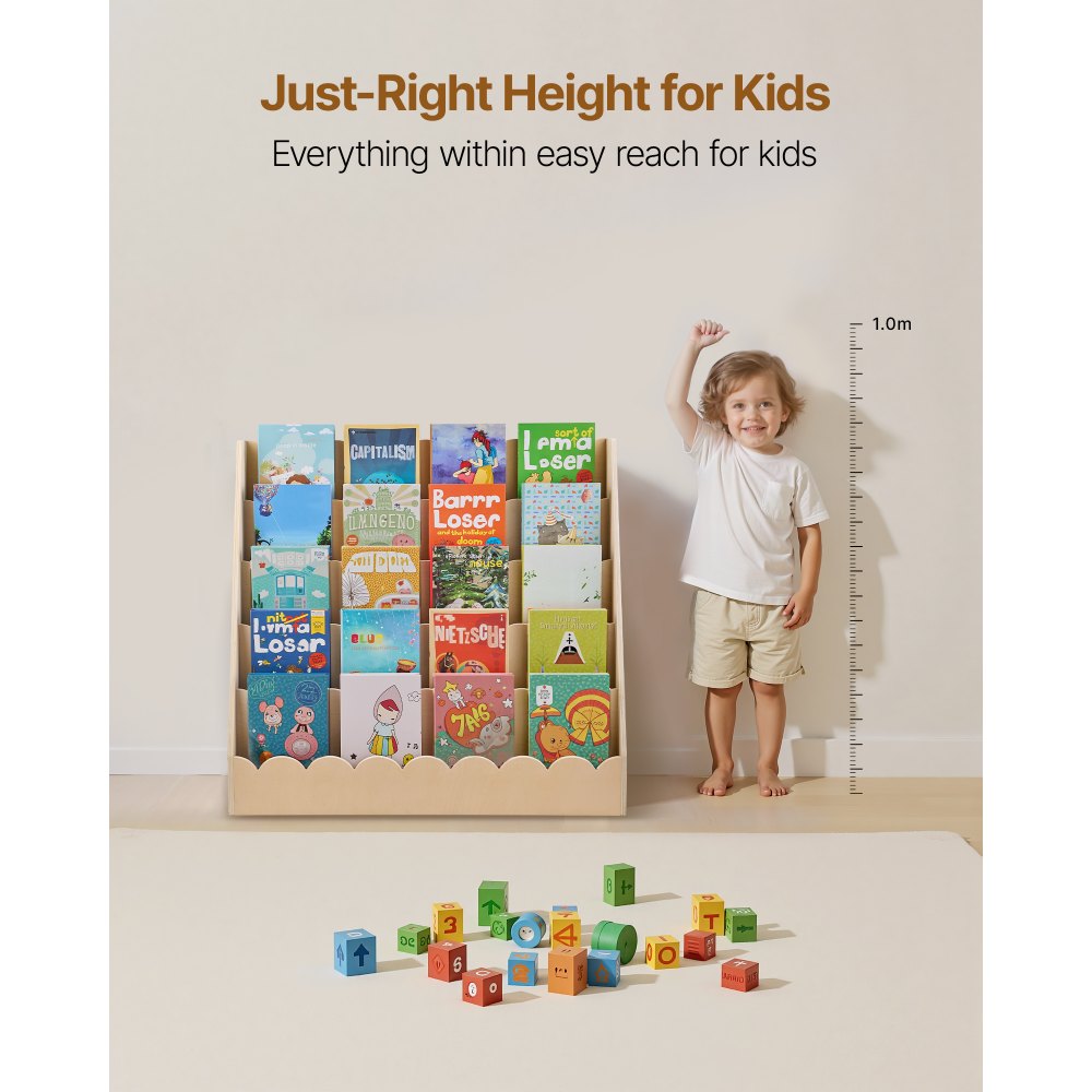 Kids Bookshelf 5-Tier Scalloped Wooden Front Facing Montessori Bookcase