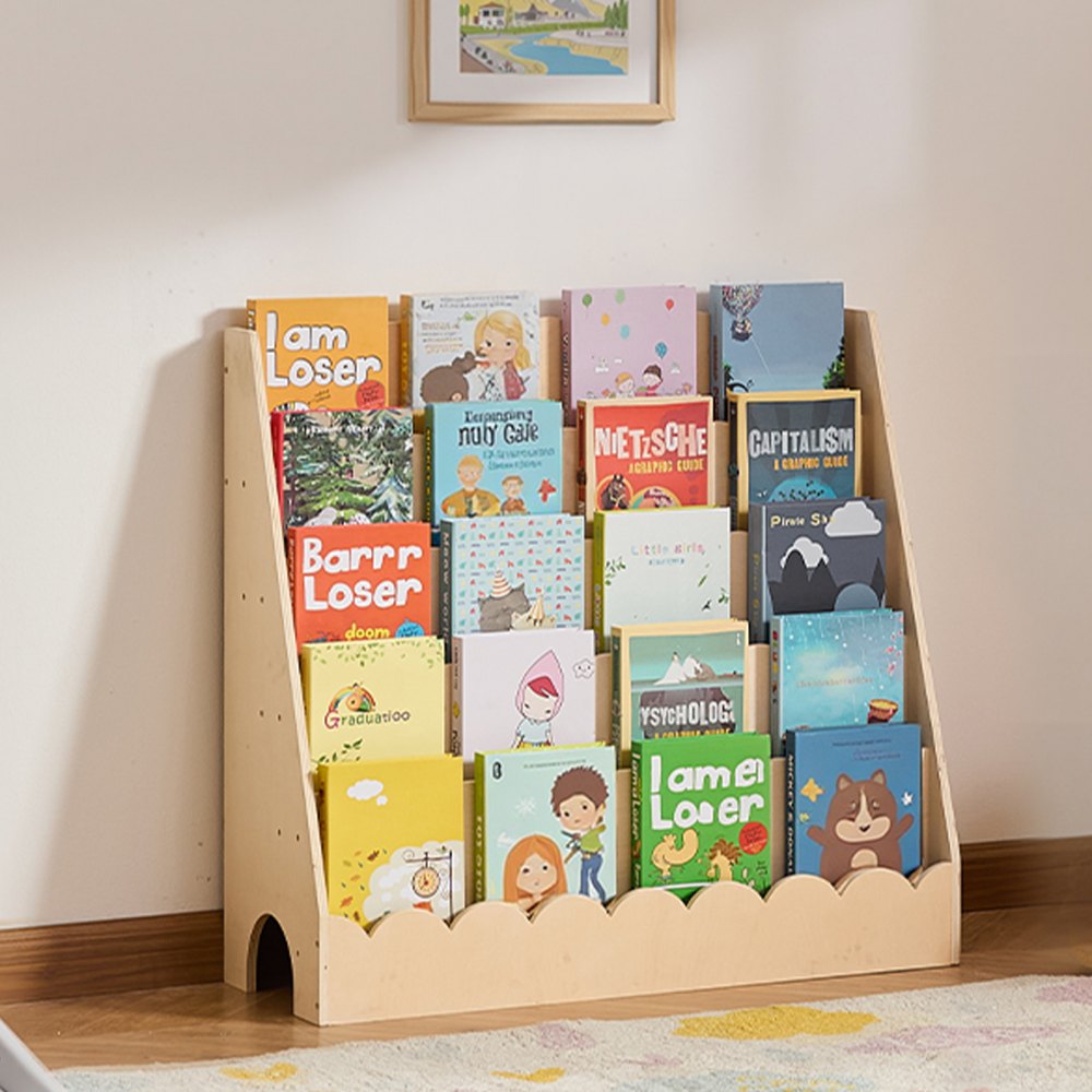 Kids Bookshelf 5-Tier Scalloped Wooden Front Facing Montessori Bookcase