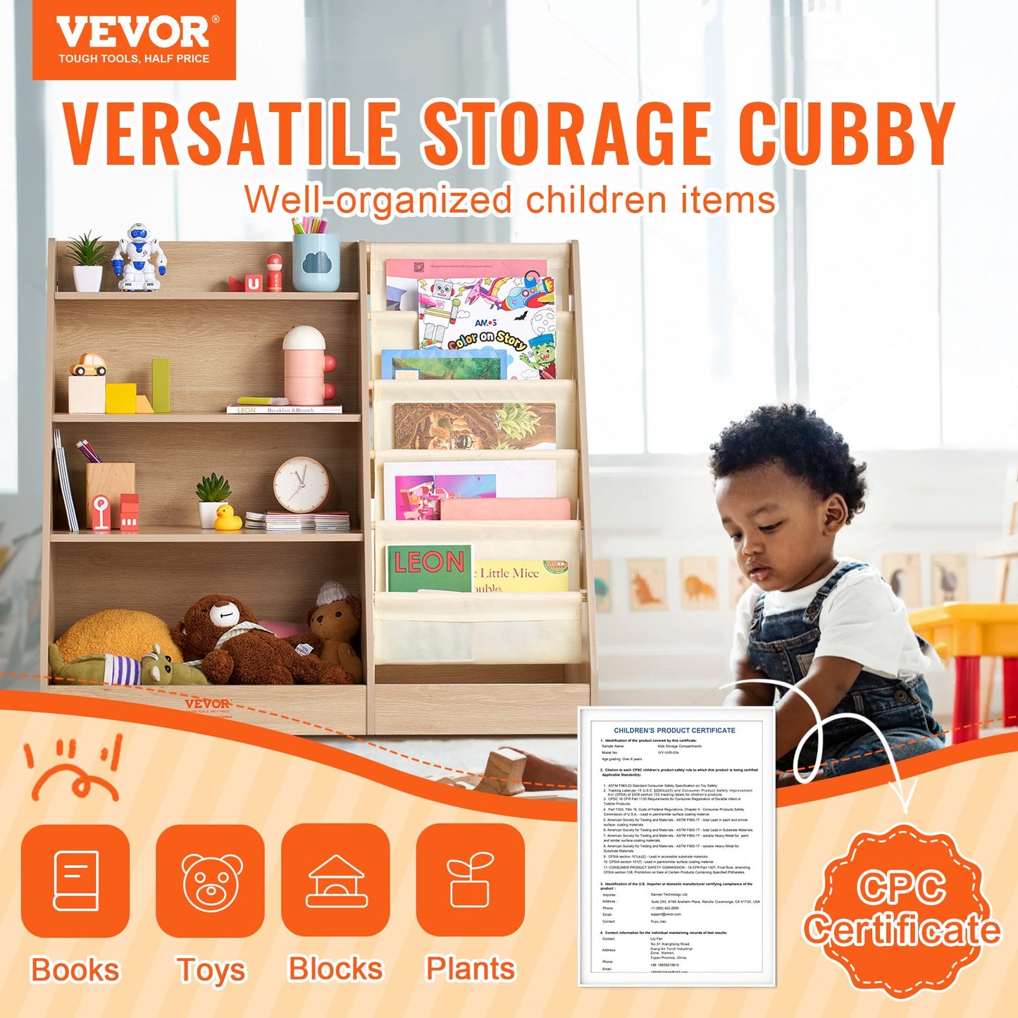 VEVOR 4-Tier Kids Wooden Bookshelf, Six-Layer Sling Bookcase, Baby Storage Book