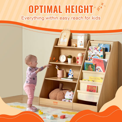 4-Tier Kids Wooden Bookshelf & Sling Bookcase with 10 Compartments
