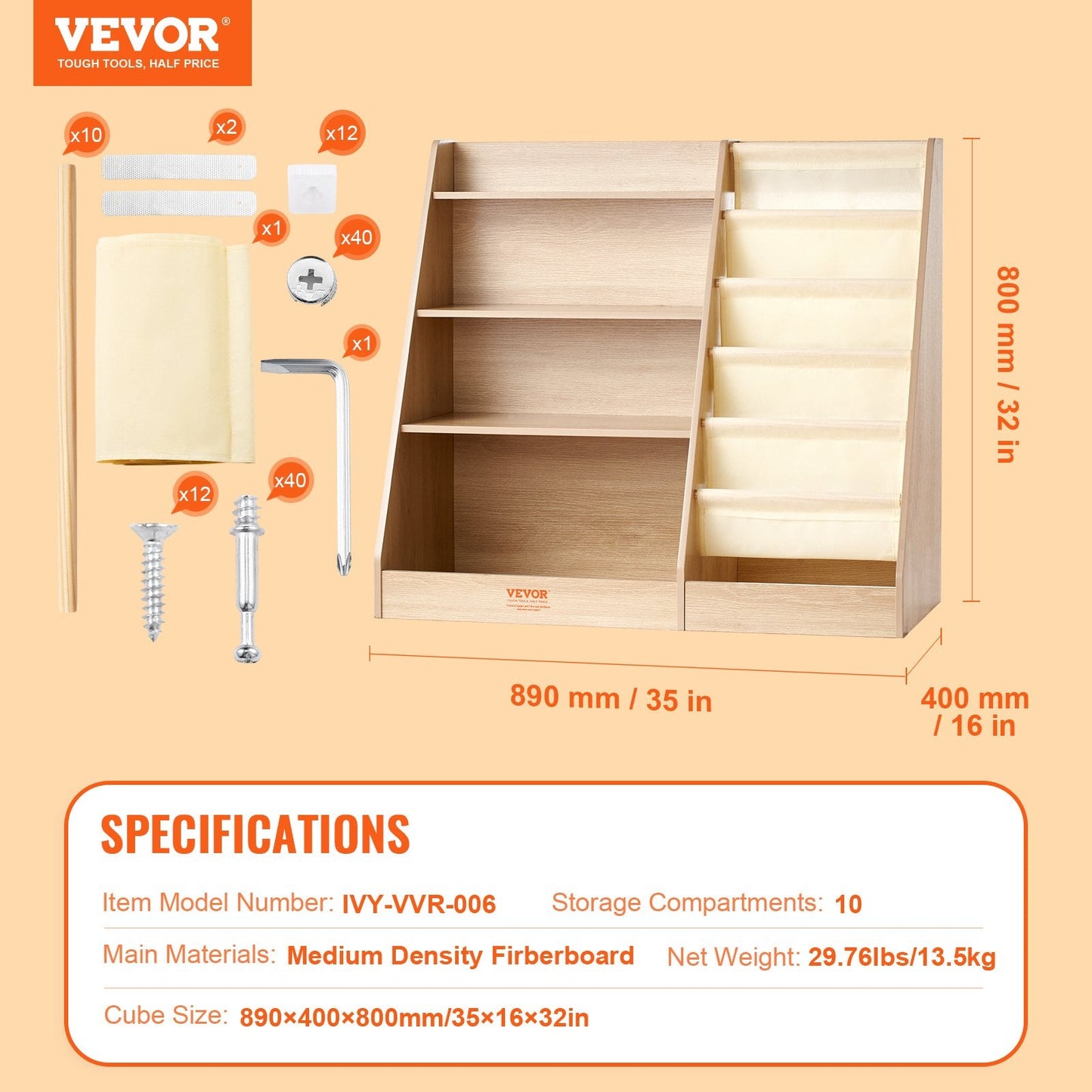 4-Tier Kids Wooden Bookshelf & Sling Bookcase with 10 Compartments