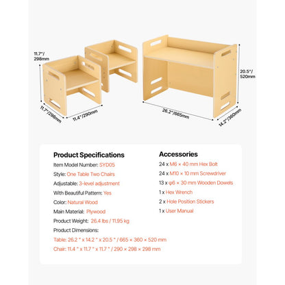 VEVOR Weaning Table and Chair Set Montessori Toddler Desk with 2 Chairs Wood