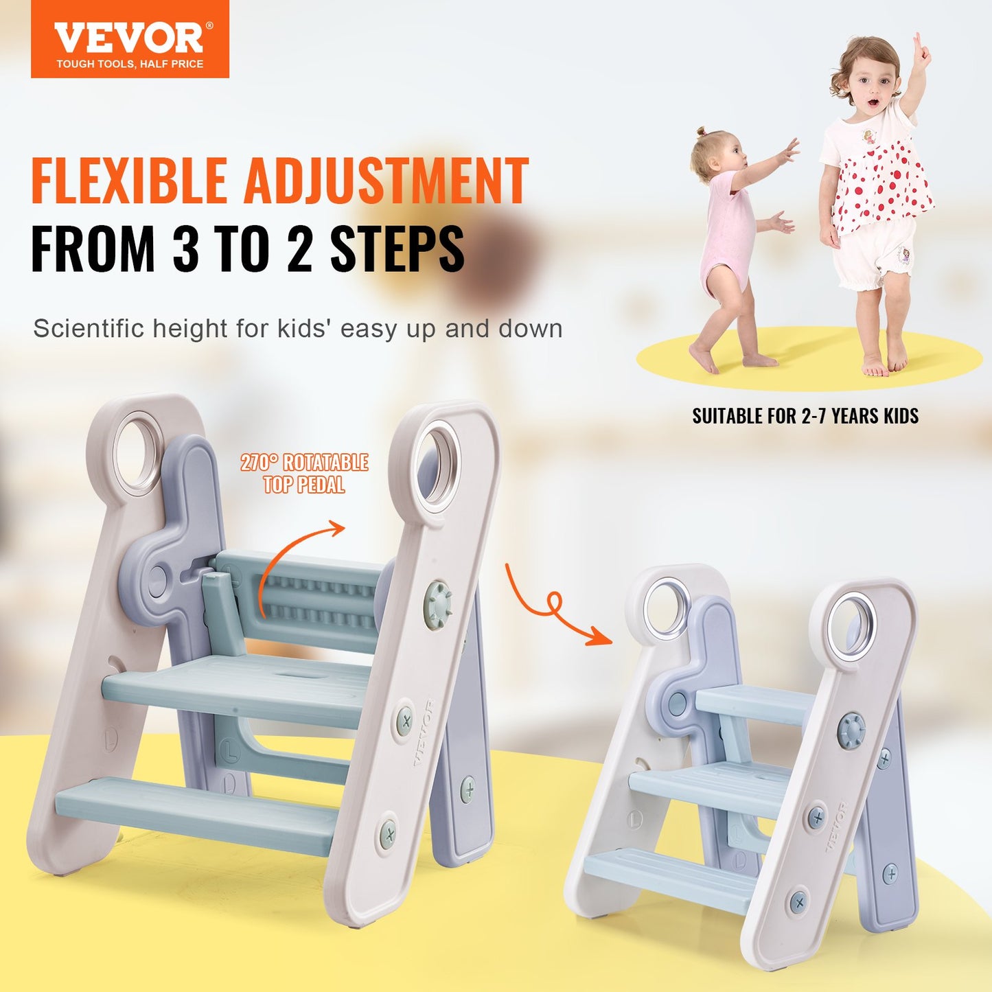 VEVOR Toddler Step Stool, Adjustable 3 Step to 2-Step Kids Kitchen Stool Helper,
