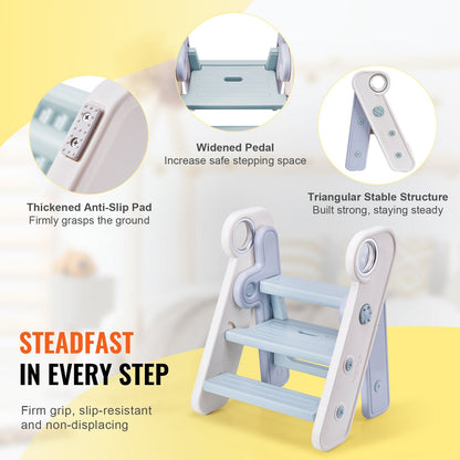 Adjustable 2-to-3 Step Toddler Stool for Kitchen & Bathroom, Foldable, Blue