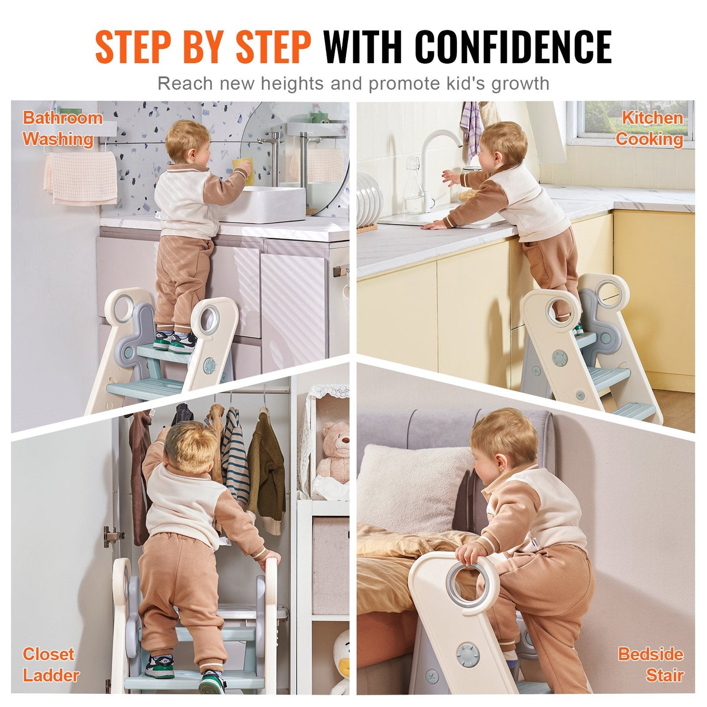 Adjustable 2-to-3 Step Toddler Stool for Kitchen & Bathroom, Foldable, Blue