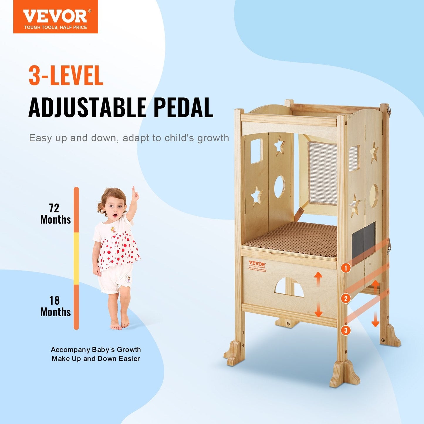 Foldable Wooden Toddler Step Stool with Adjustable Height and Safety Features