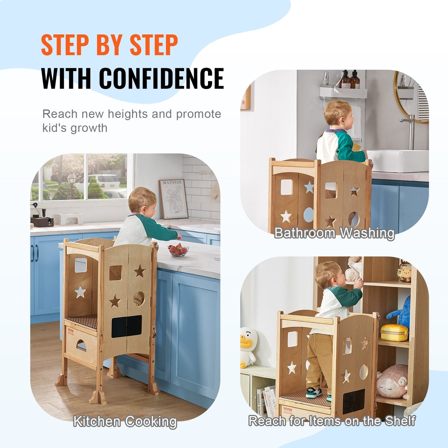 Foldable Wooden Toddler Step Stool with Adjustable Height and Safety Features