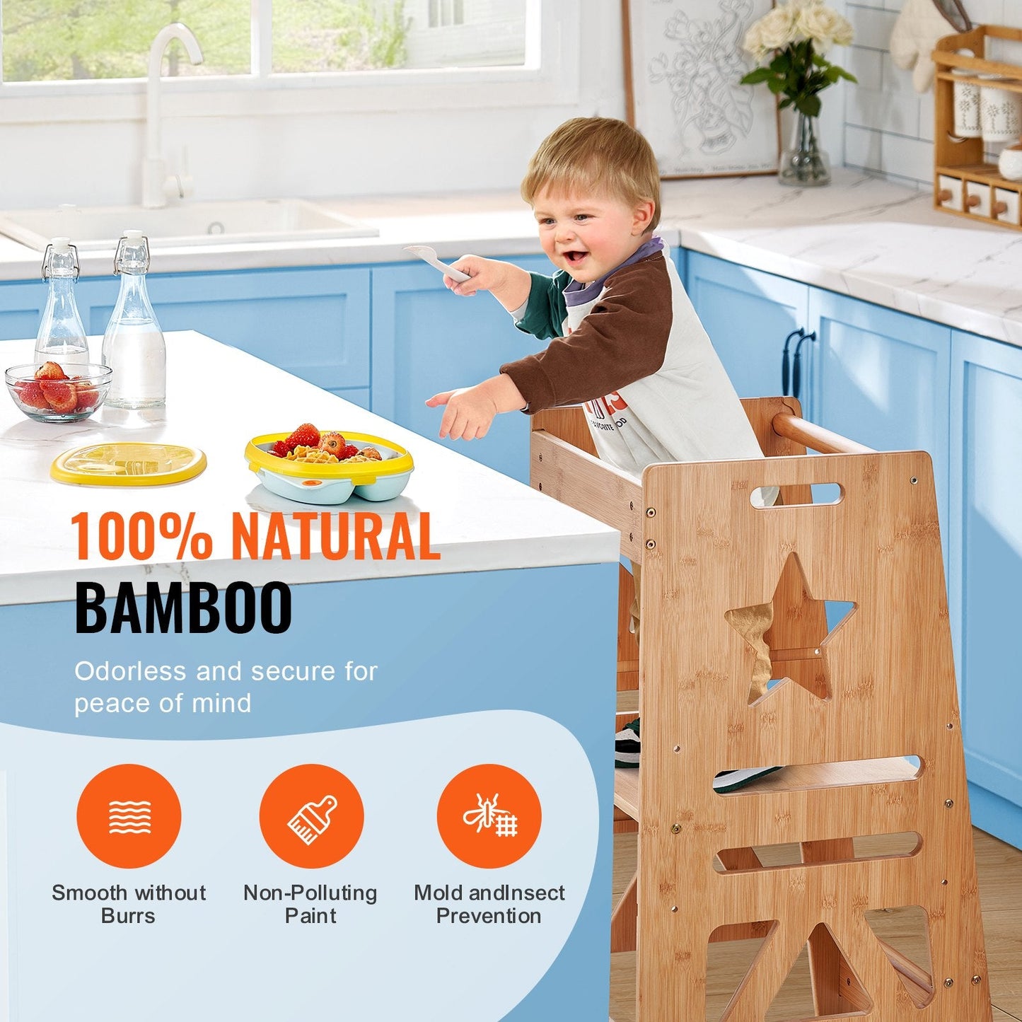 Adjustable Bamboo Toddler Step Stool with Safety Rail, 158.9 kg Capacity