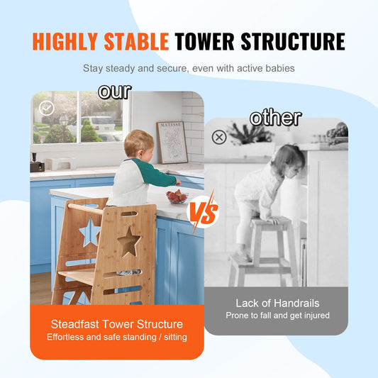 Adjustable Bamboo Toddler Step Stool with Safety Rail, 158.9 kg Capacity