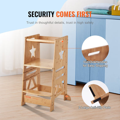 Adjustable Bamboo Toddler Step Stool with Safety Rail, 158.9 kg Capacity