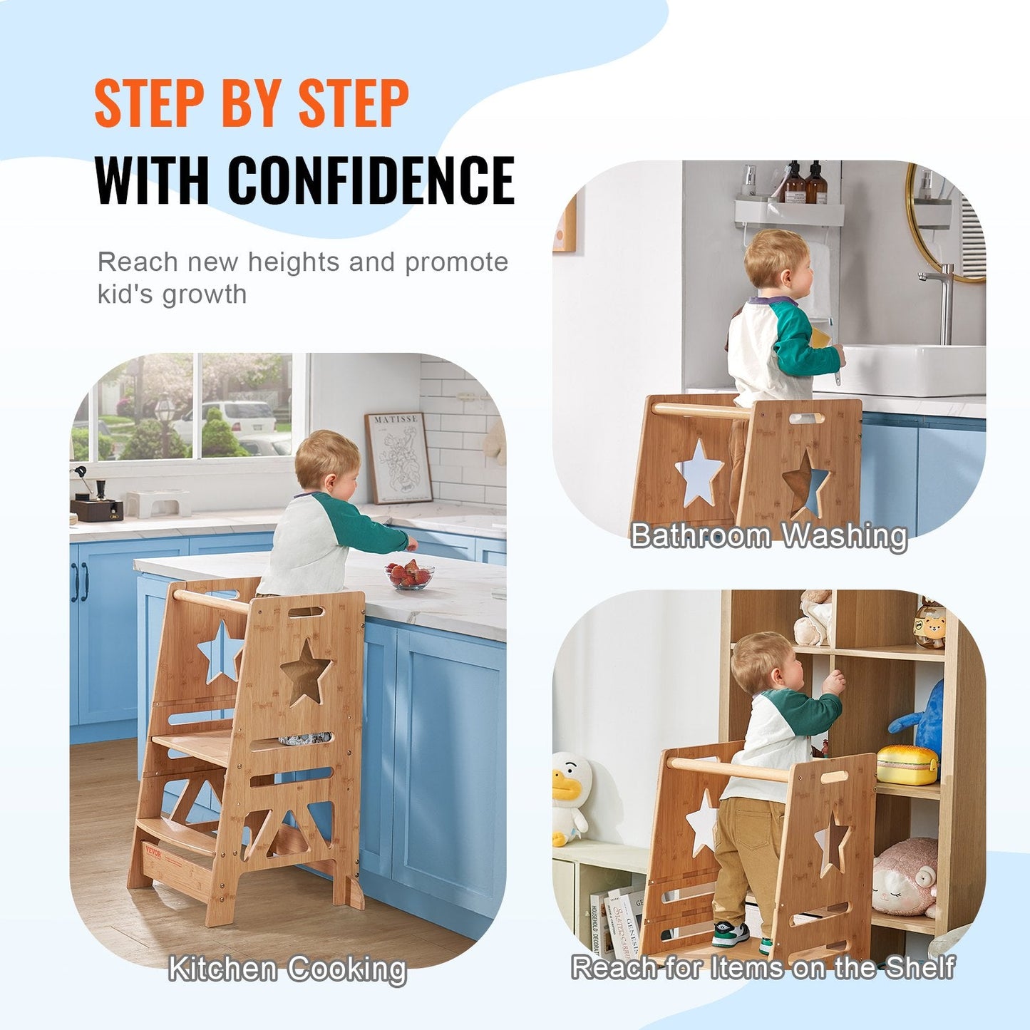 Adjustable Bamboo Toddler Step Stool with Safety Rail, 158.9 kg Capacity