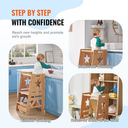 Adjustable Bamboo Toddler Step Stool with Safety Rail, 158.9 kg Capacity