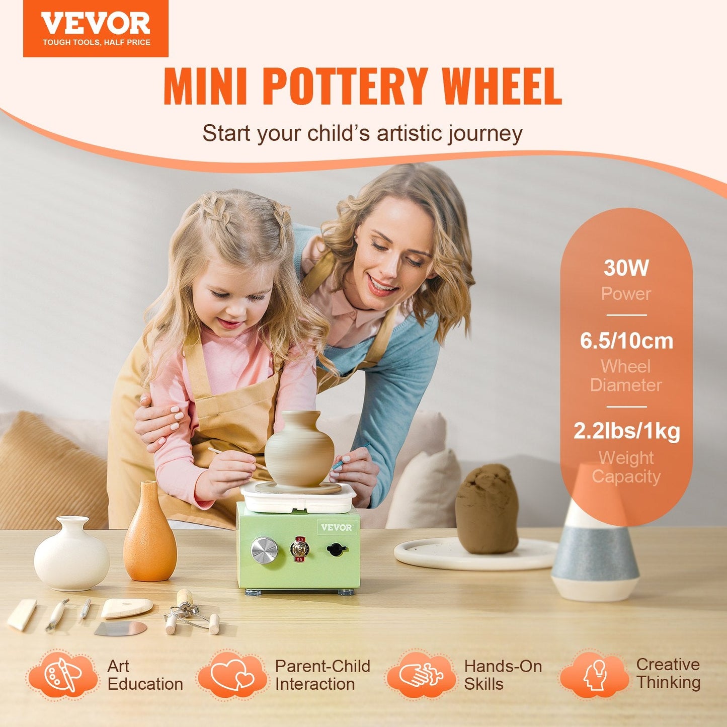 Green Electric Pottery Wheel - 10cm Wheel, 1kg Capacity, 0-320 RPM Speed