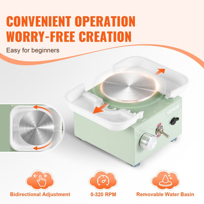 Green Electric Pottery Wheel - 10cm Wheel, 1kg Capacity, 0-320 RPM Speed