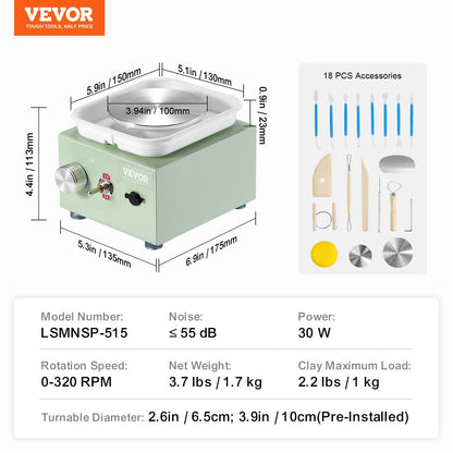 VEVOR Mini Pottery Wheel Electric Ceramic Wheel Machine 0-320RPM Speed Green