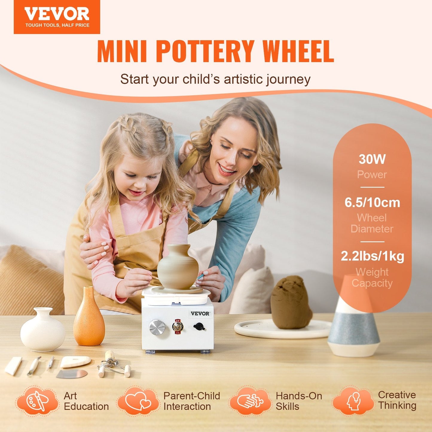 Compact Electric Pottery Wheel, 0-320 RPM, 10 cm Wheel, White, 1 kg Capacity