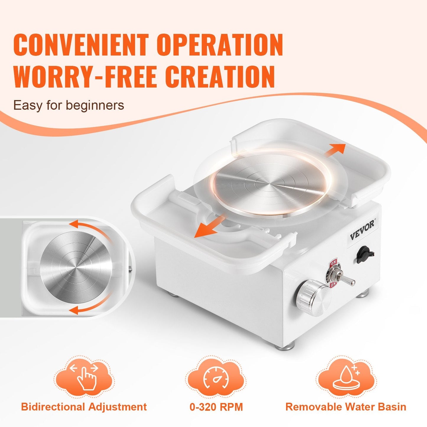 Compact Electric Pottery Wheel, 0-320 RPM, 10 cm Wheel, White, 1 kg Capacity