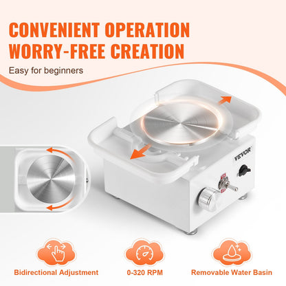 Compact Electric Pottery Wheel, 0-320 RPM, 10 cm Wheel, White, 1 kg Capacity