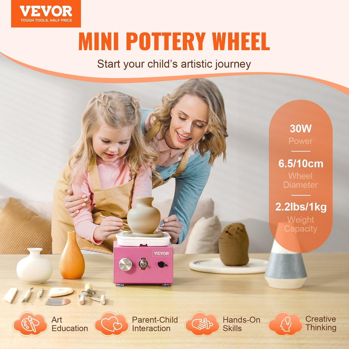 Pink Mini Electric Pottery Wheel, 30W, 0-320 RPM, Ideal for Parent-Child Activities