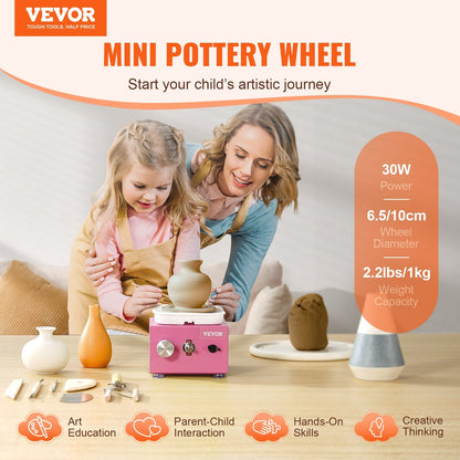 Pink Mini Electric Pottery Wheel, 30W, 0-320 RPM, Ideal for Parent-Child Activities