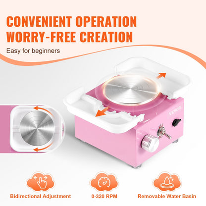Pink Mini Electric Pottery Wheel, 30W, 0-320 RPM, Ideal for Parent-Child Activities