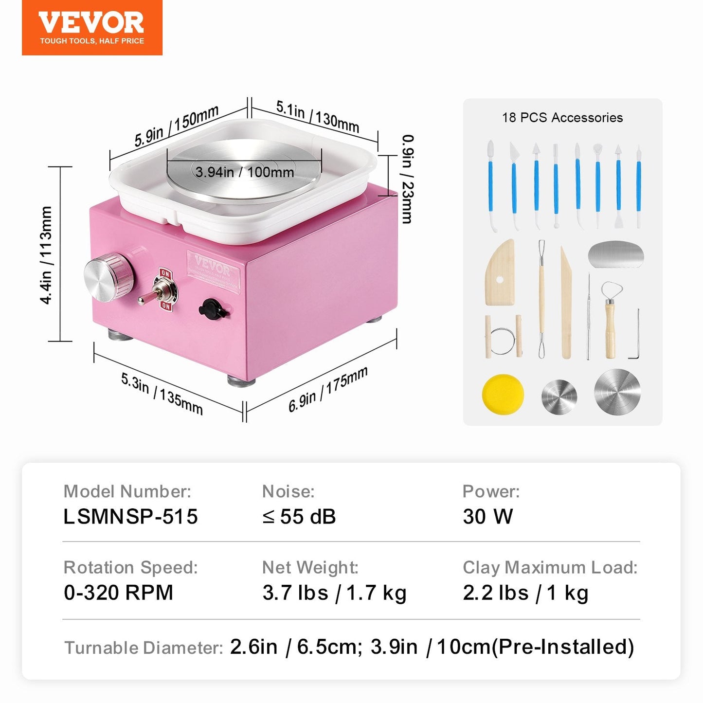 Pink Mini Electric Pottery Wheel, 30W, 0-320 RPM, Ideal for Parent-Child Activities