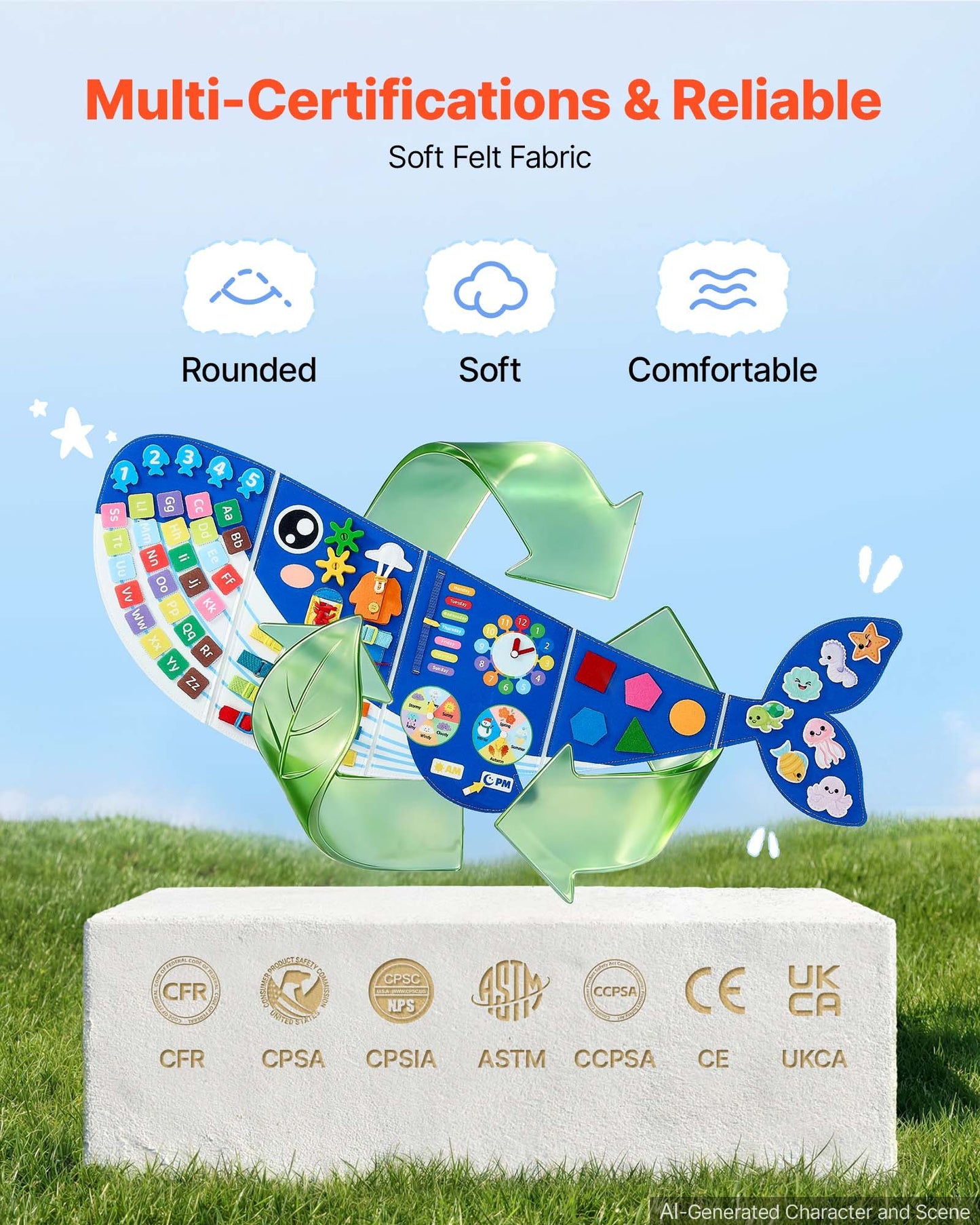 Felt Wall Busy Board 12-in-1 Whale Foldable Montessori Activity Toys, Travel Daycare, Classroom, Playroom, Home, Educational Sensory Panel, with Numbers Letters Animals Shapes Learning Pieces
