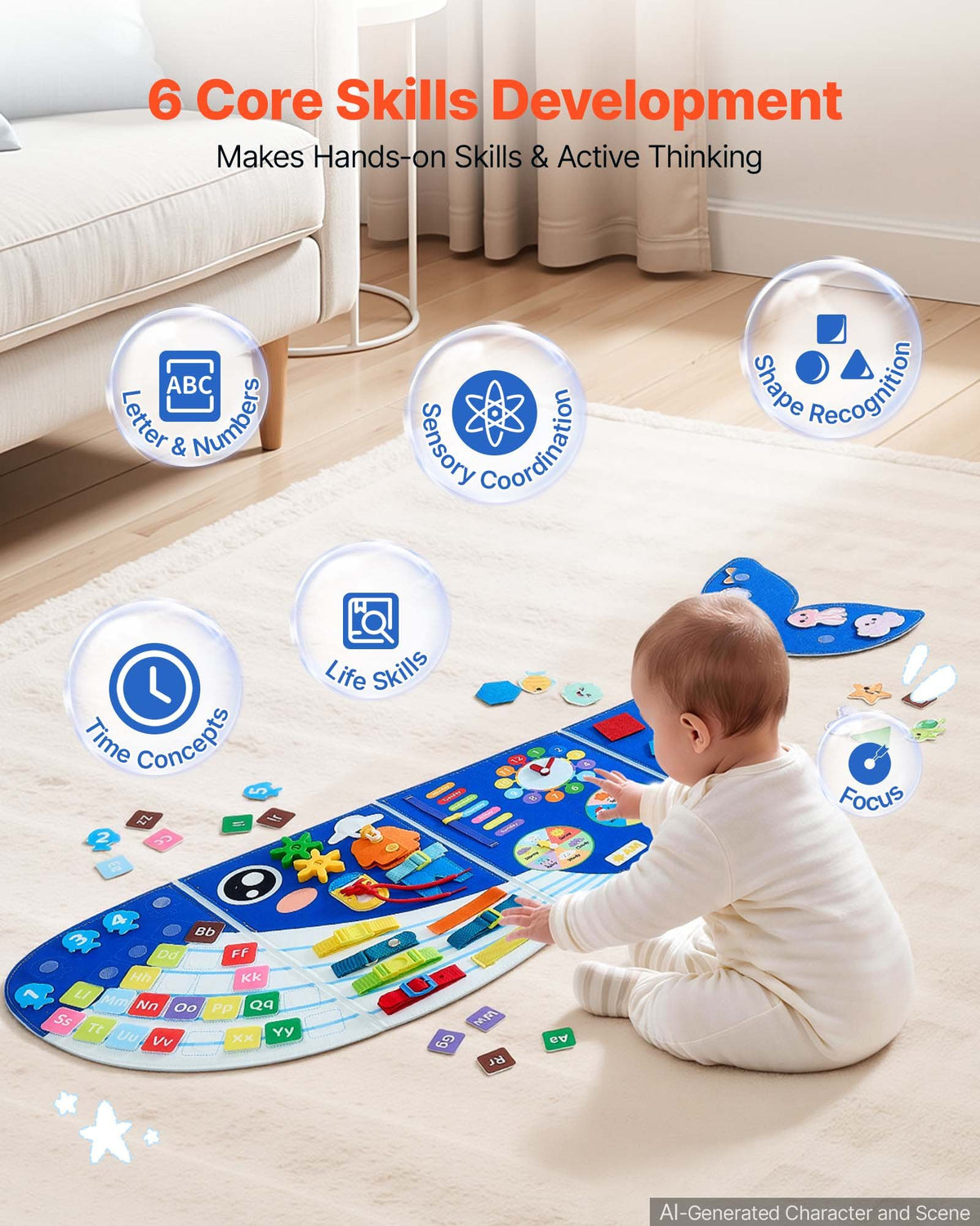 Felt Wall Busy Board 12-in-1 Whale Foldable Montessori Activity Toys, Travel Daycare, Classroom, Playroom, Home, Educational Sensory Panel, with Numbers Letters Animals Shapes Learning Pieces