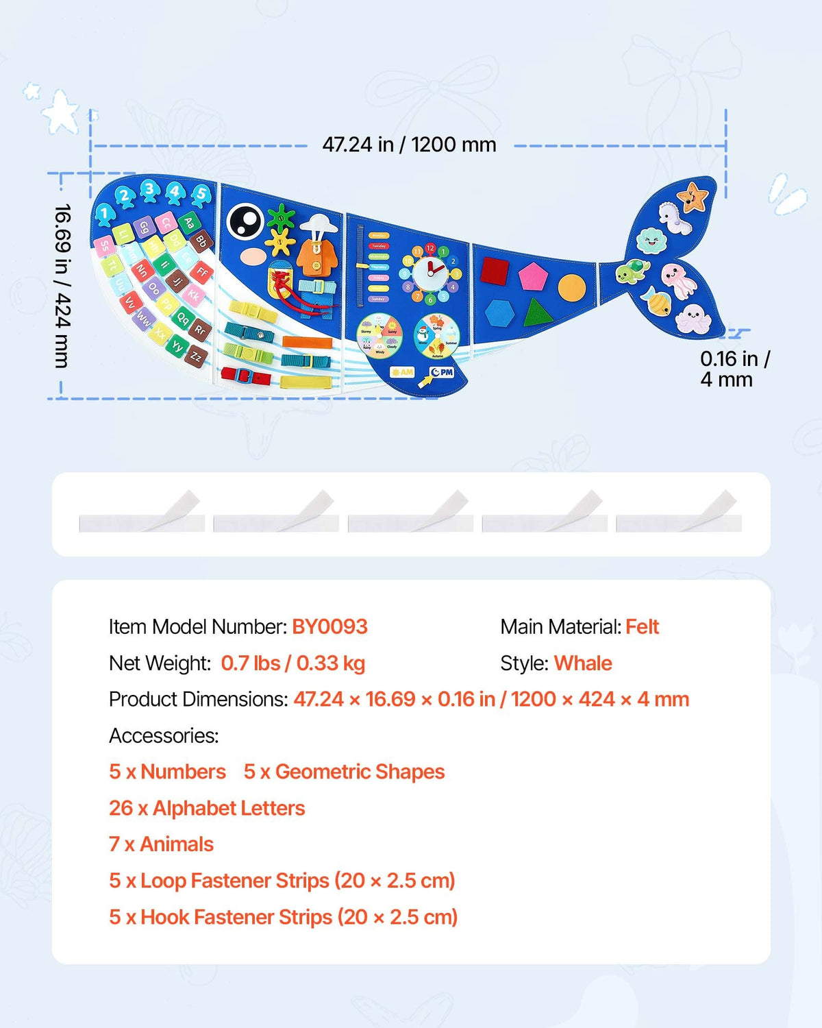 Felt Wall Busy Board 12-in-1 Whale Foldable Montessori Activity Toys, Travel Daycare, Classroom, Playroom, Home, Educational Sensory Panel, with Numbers Letters Animals Shapes Learning Pieces