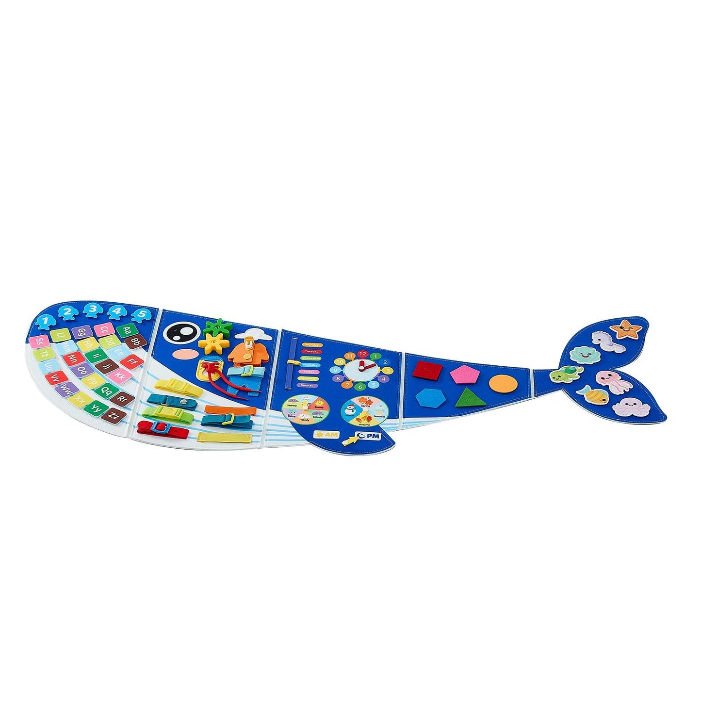 Felt Wall Busy Board 12-in-1 Whale Foldable Montessori Activity Toys, Travel Daycare, Classroom, Playroom, Home, Educational Sensory Panel, with Numbers Letters Animals Shapes Learning Pieces