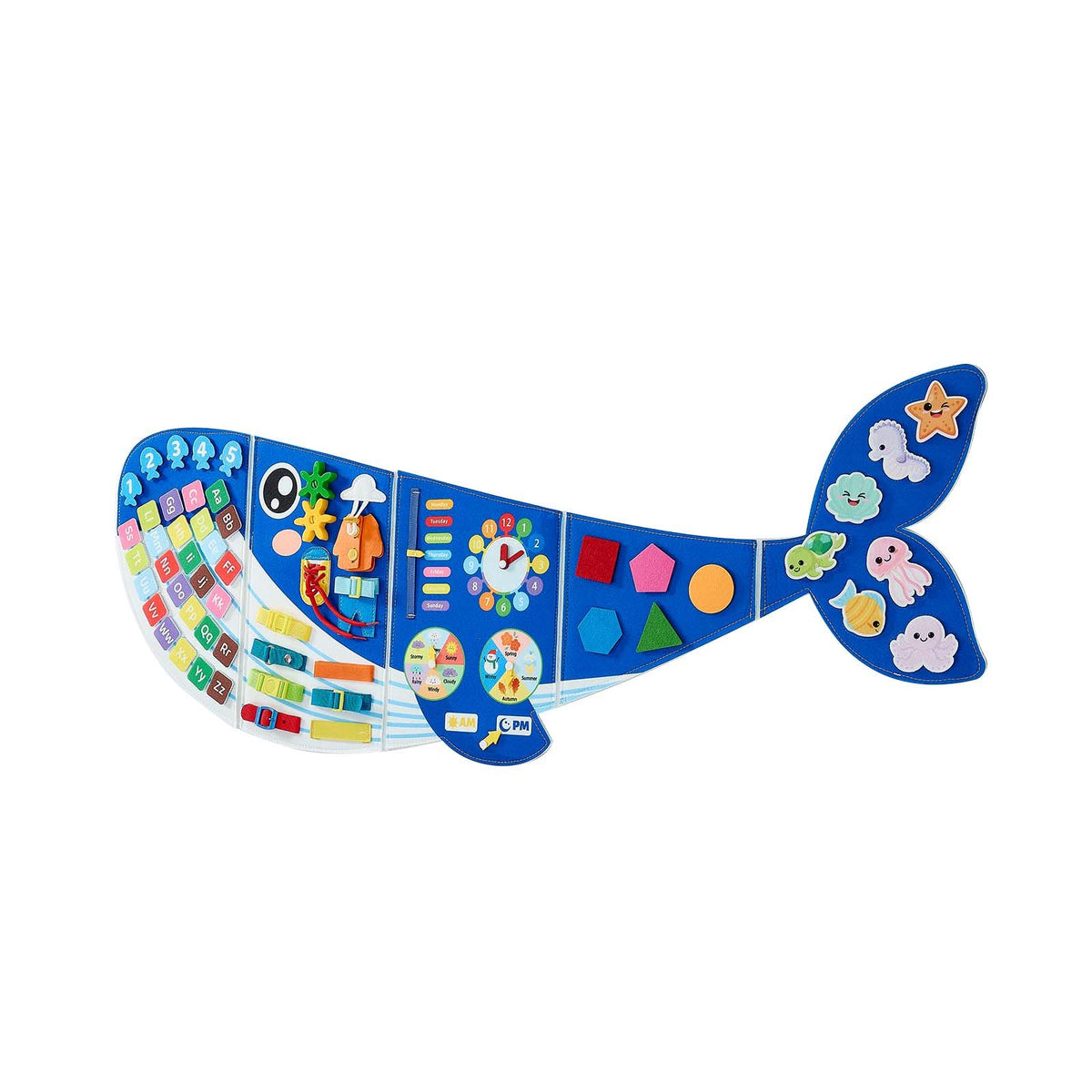 Felt Wall Busy Board 12-in-1 Whale Foldable Montessori Activity Toys, Travel Daycare, Classroom, Playroom, Home, Educational Sensory Panel, with Numbers Letters Animals Shapes Learning Pieces