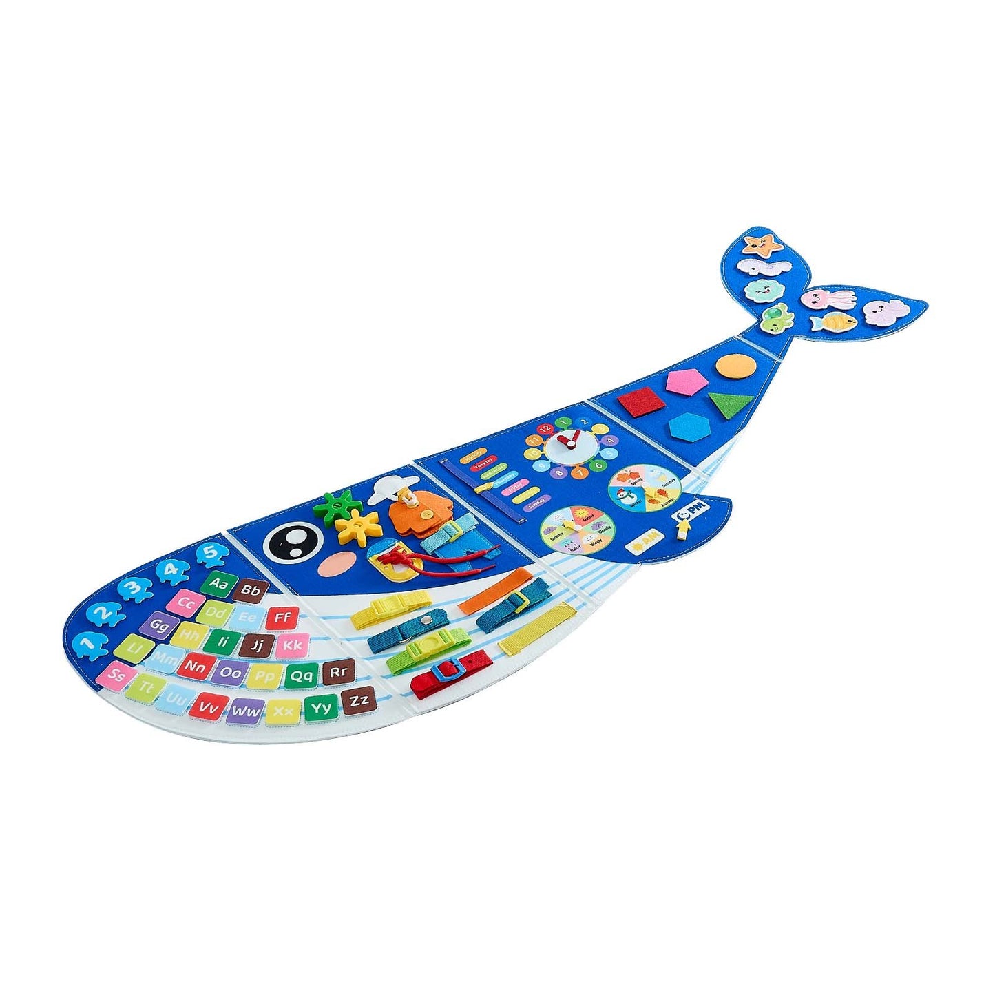Felt Wall Busy Board 12-in-1 Whale Foldable Montessori Activity Toys, Travel Daycare, Classroom, Playroom, Home, Educational Sensory Panel, with Numbers Letters Animals Shapes Learning Pieces