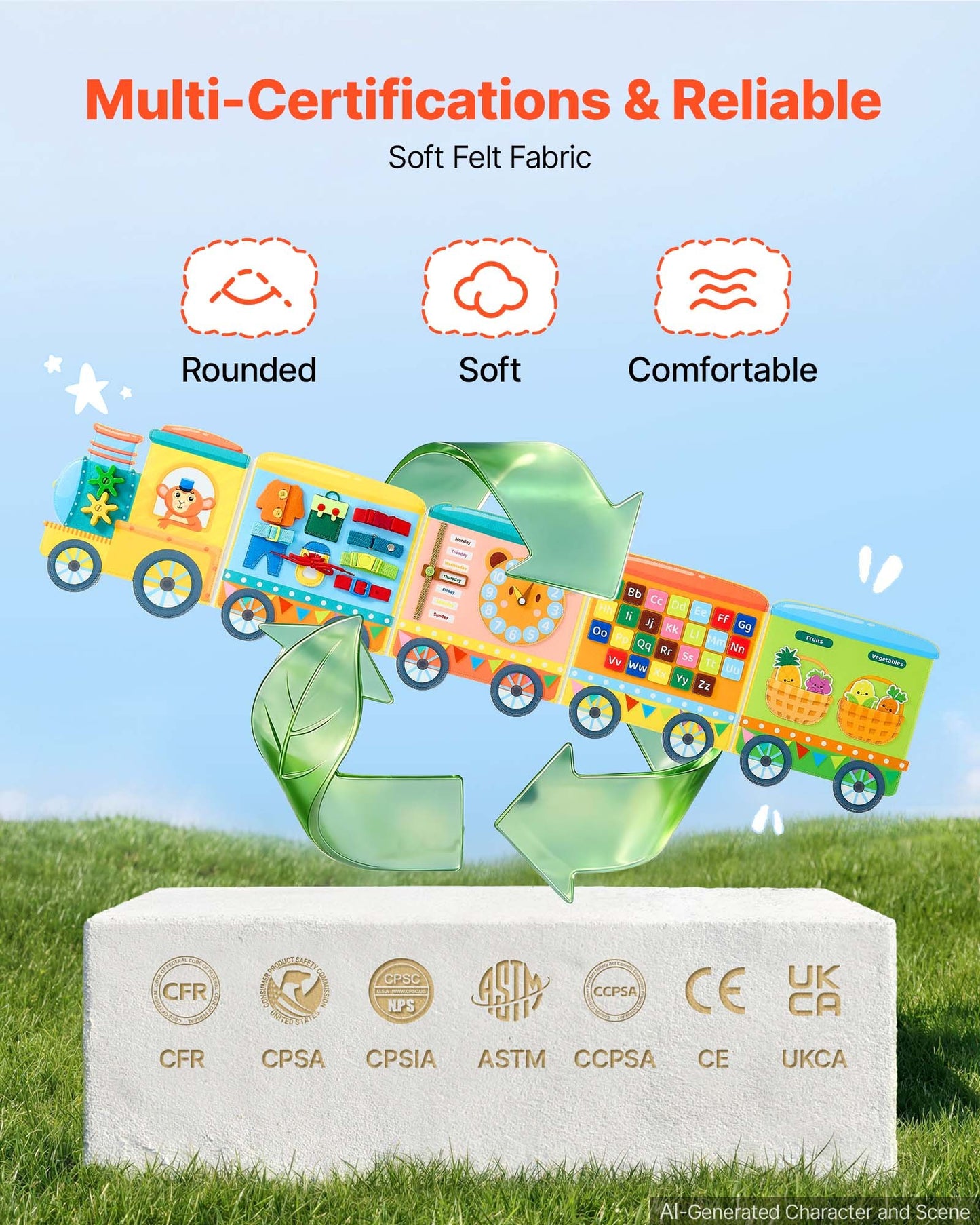 Felt Wall Busy Board, 14-in-1 Train Foldable Montessori Activity Toys, Travel Daycare, Classroom, Playroom, Home, Educational Sensory Panel, with Letters Fruits Vegetables Clock Learning Pieces