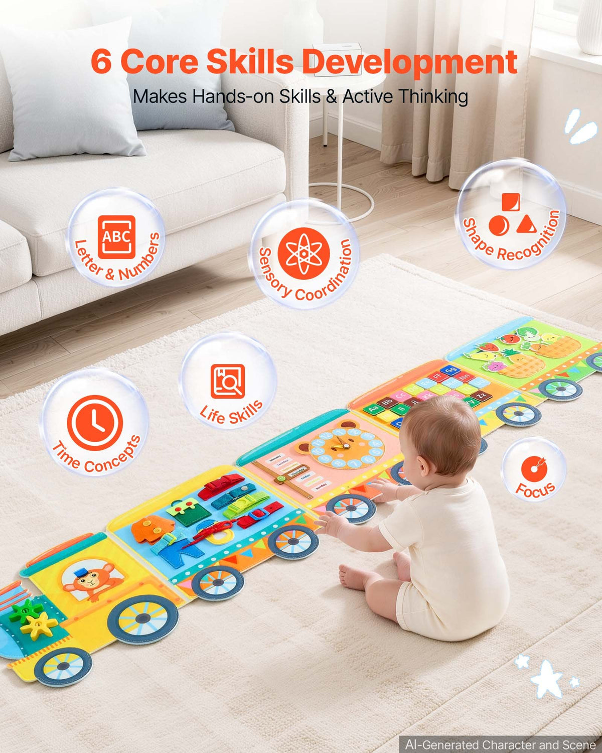 Felt Wall Busy Board, 14-in-1 Train Foldable Montessori Activity Toys, Travel Daycare, Classroom, Playroom, Home, Educational Sensory Panel, with Letters Fruits Vegetables Clock Learning Pieces