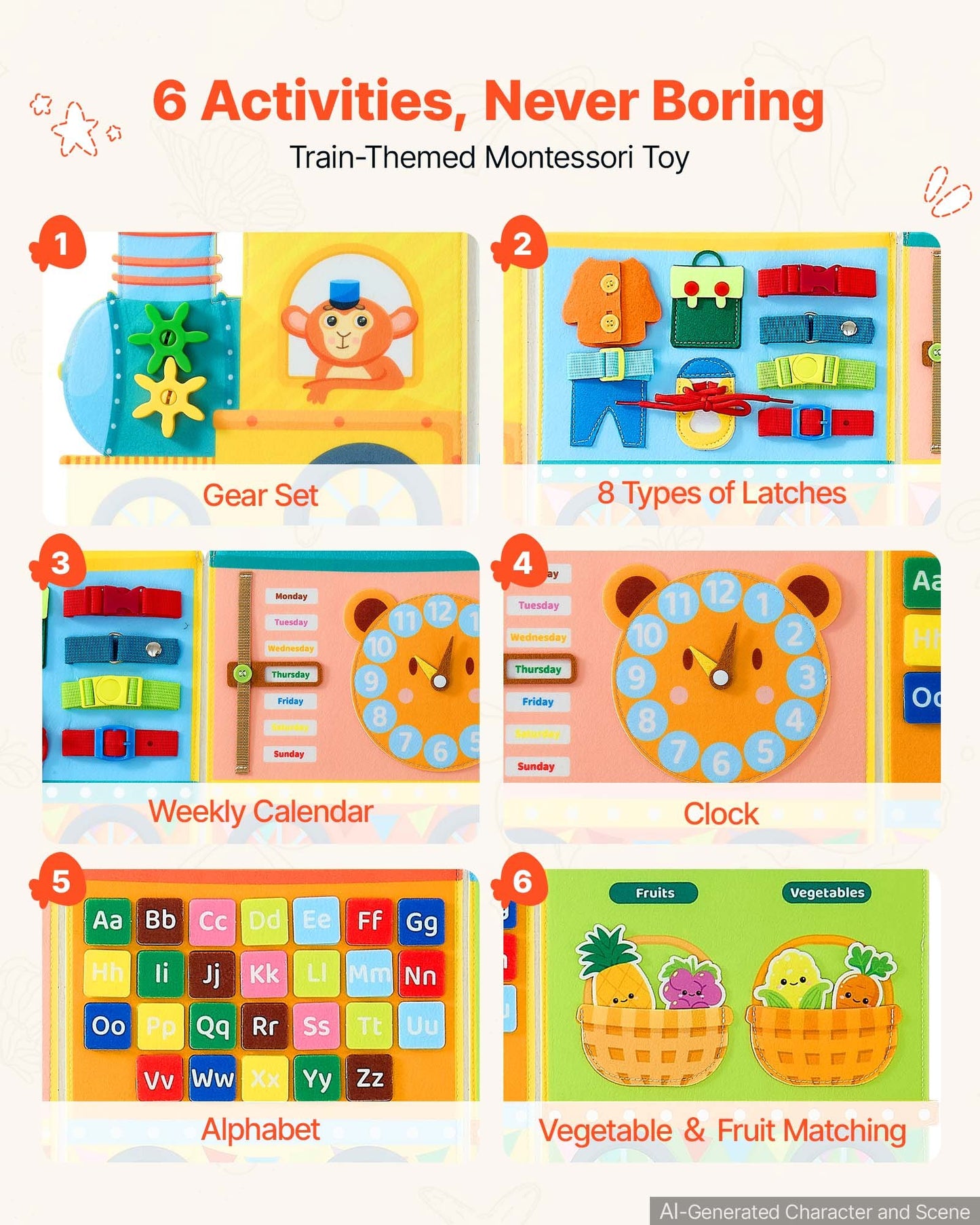 Felt Wall Busy Board, 14-in-1 Train Foldable Montessori Activity Toys, Travel Daycare, Classroom, Playroom, Home, Educational Sensory Panel, with Letters Fruits Vegetables Clock Learning Pieces