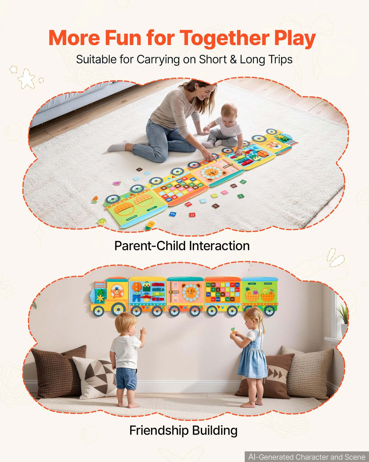 Felt Wall Busy Board, 14-in-1 Train Foldable Montessori Activity Toys, Travel Daycare, Classroom, Playroom, Home, Educational Sensory Panel, with Letters Fruits Vegetables Clock Learning Pieces