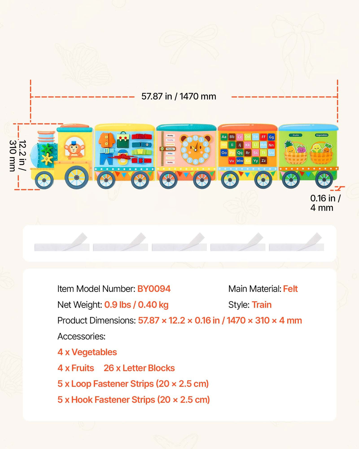 Felt Wall Busy Board, 14-in-1 Train Foldable Montessori Activity Toys, Travel Daycare, Classroom, Playroom, Home, Educational Sensory Panel, with Letters Fruits Vegetables Clock Learning Pieces